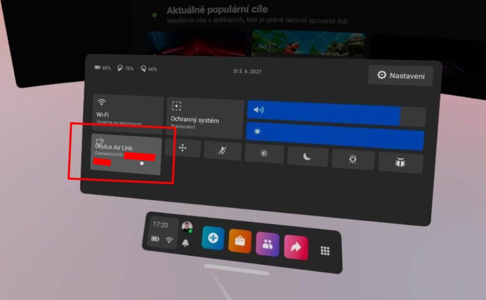 Oculus Quest - povolení Air Link v experimentálních funkcích