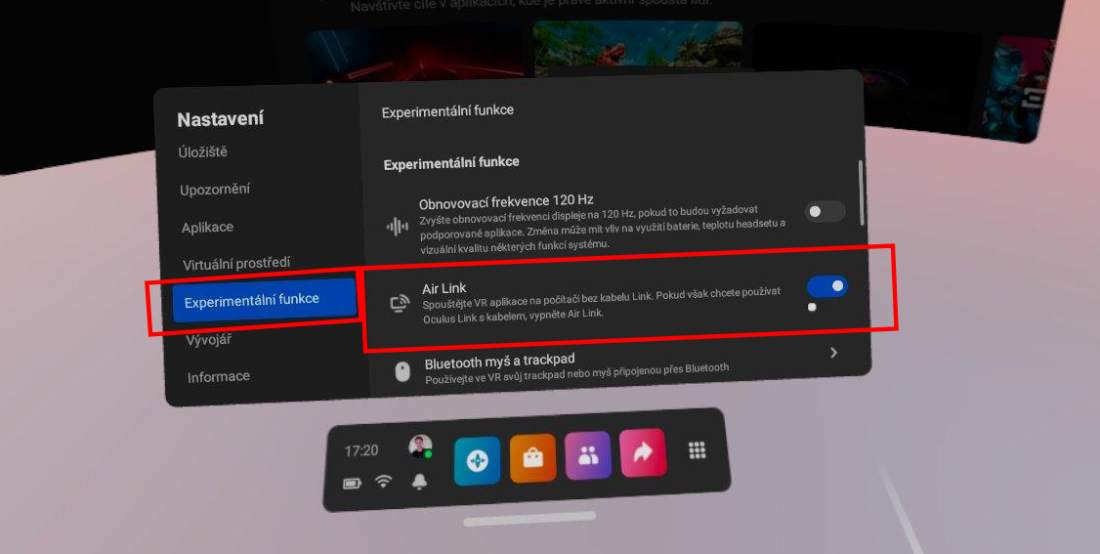 Oculus Quest - povolení Air Link v experimentálních funkcích