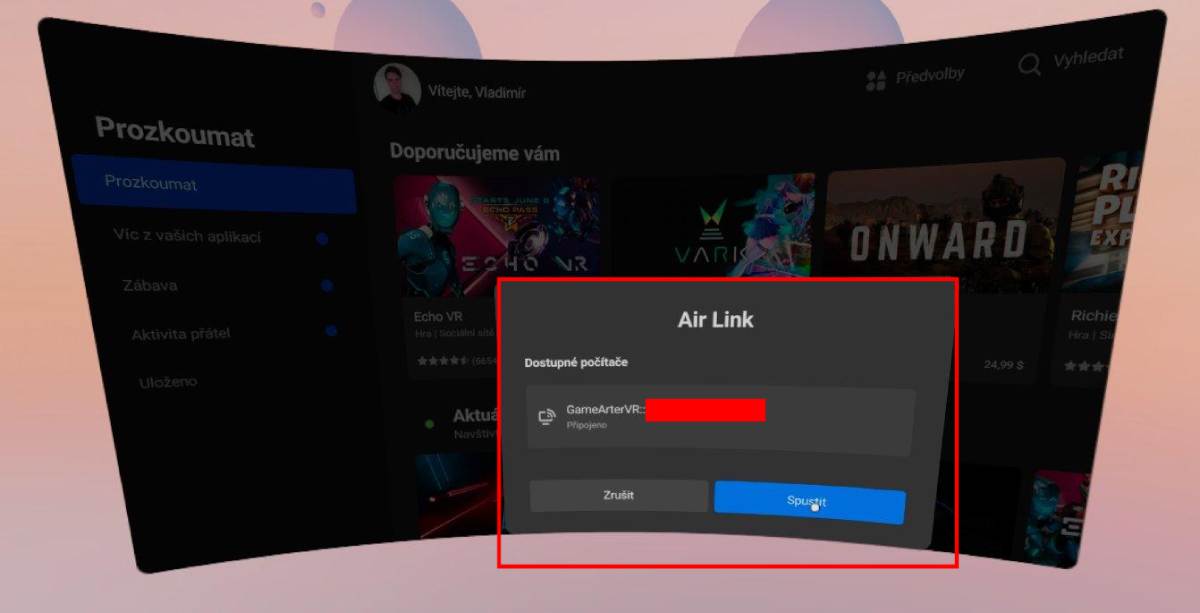 Oculus Quest - povolení Air Link v experimentálních funkcích