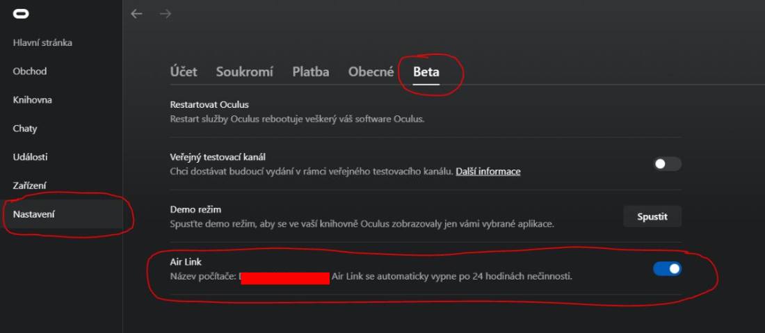 Aktivace Air Link v PC aplikaci Oculus