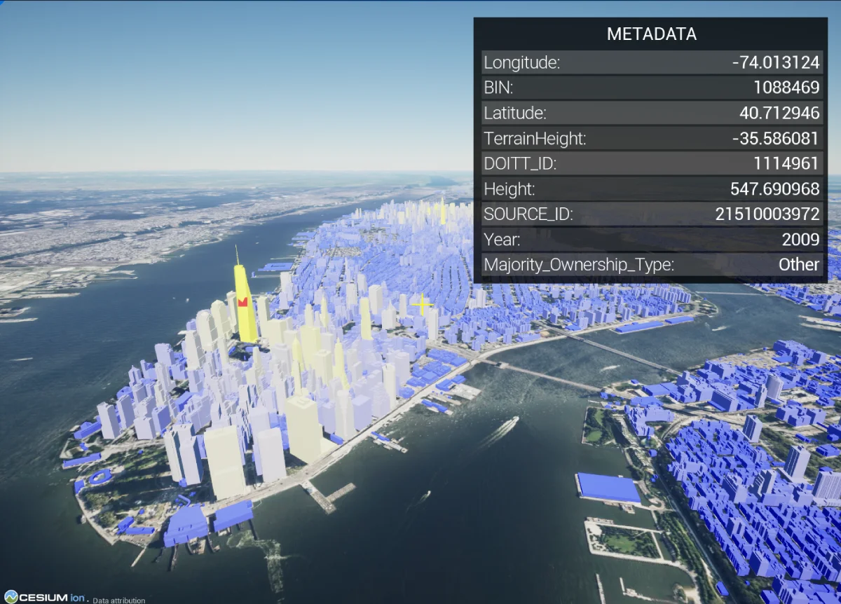 Zobrazení metadat po kliknutí na vybranou budovu v New Yorku