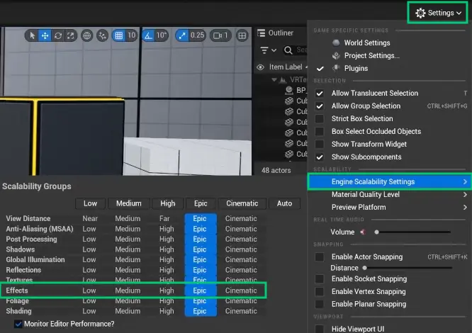 Nastavení kvality efektů v Unreal Engine