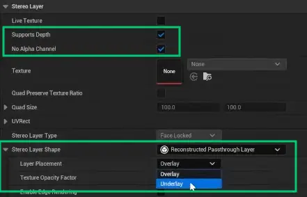 Přidání Oculus XRPassthrough Layer - okno Detail