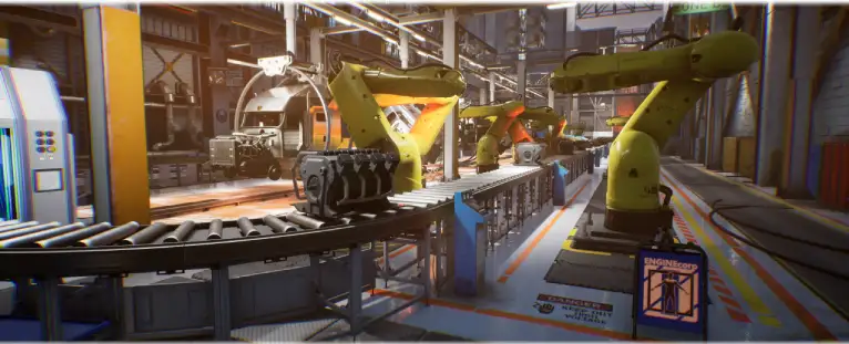 Digitální model robotizované továrny na kompletaci kamionů