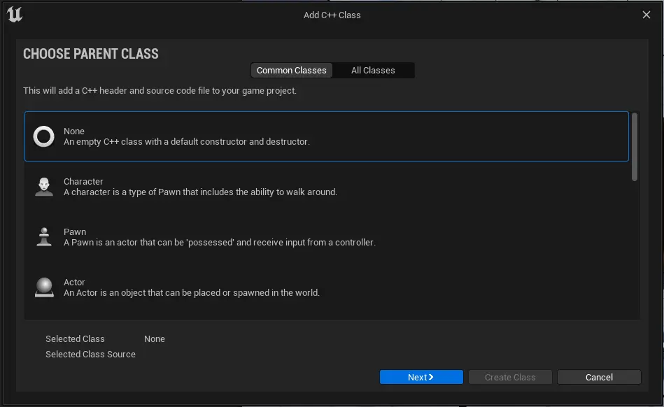 Přidání nové C++ classy v Unreal Engine