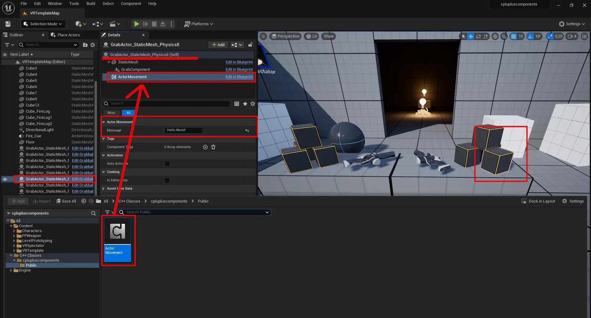Vložení C++ komponenty do Unreal Engine levelu