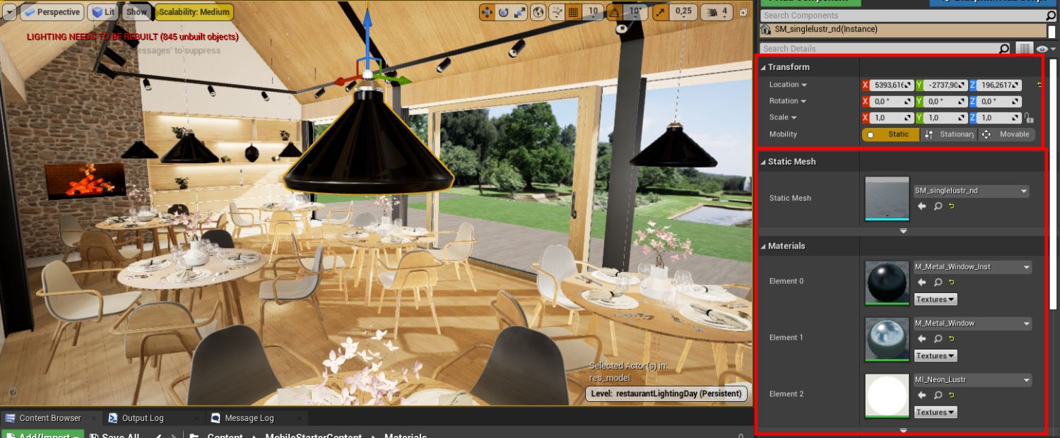 Náhled na StaticMeshActoru lustru v restauraci.